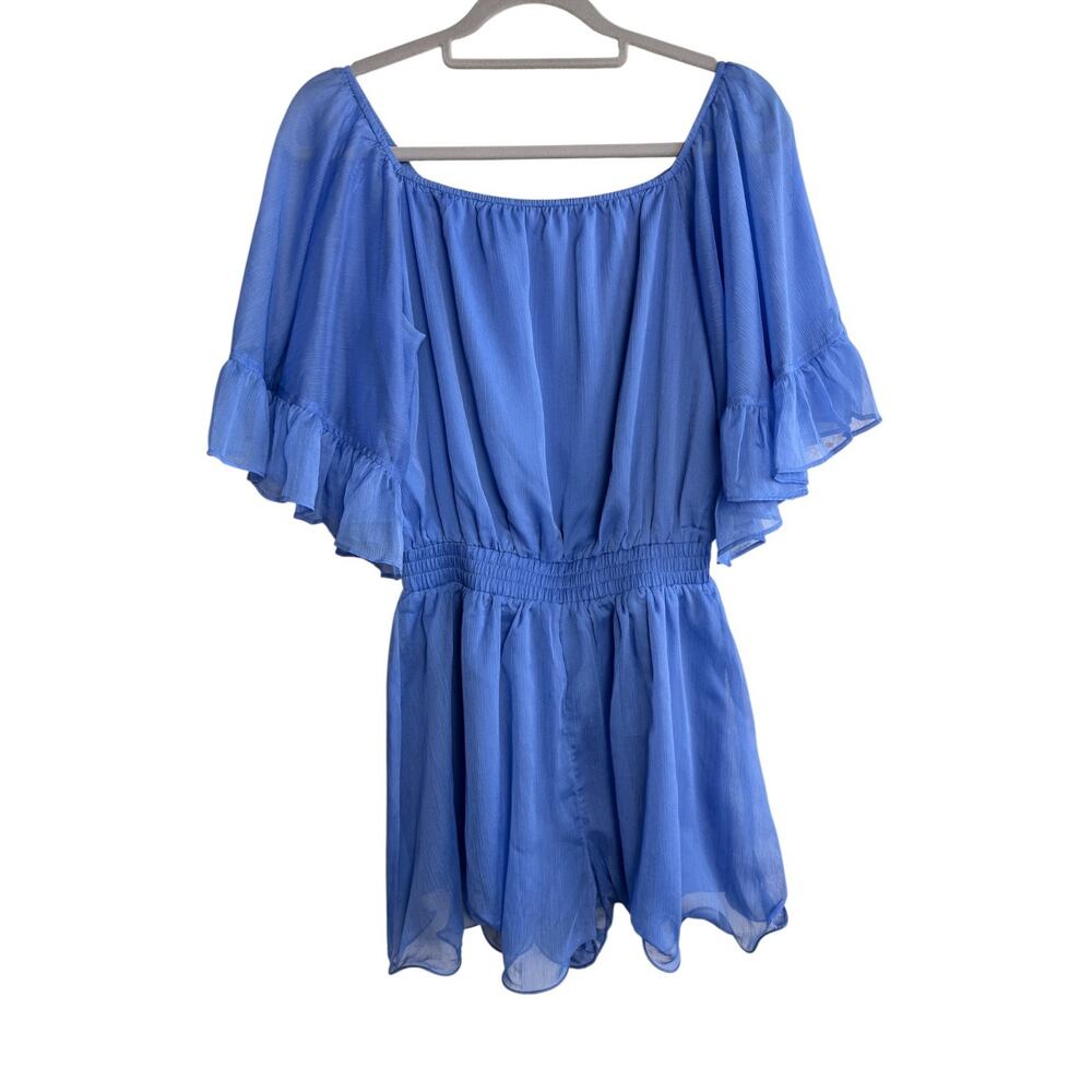 Endless Rose Ruffled Sleeve Off Shoulder Chiffon Romper Women S Periwinkle Blue